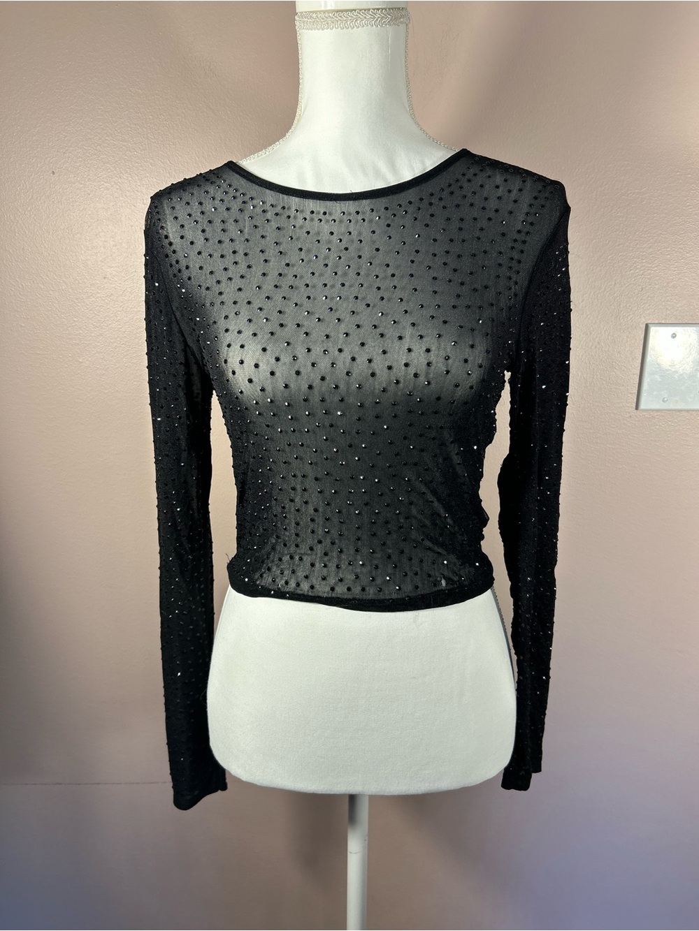 Windsor Black Sheer Beaded Long-Sleeve Mesh Top